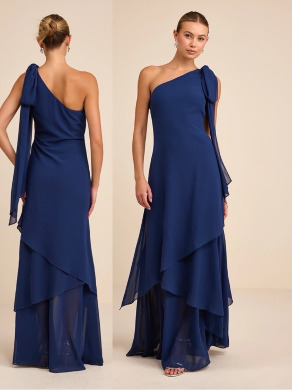 NWT Lulu’s Camellia Dark Blue One-Shoulder Bow Maxi Dress Small Chic Romantic